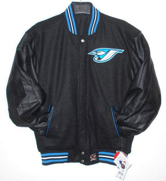 Toronto Blue Jays Wool & Leather Reversible Jacket w/ Embroidered Logos - Black