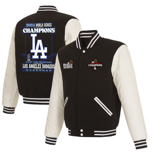 Los Angeles Dodgers JH Design 2024 World Series Champions Reversible Fleece & Faux Leather Full-Snap Jacket - Black /White - J.H. Sports Jackets