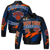 New York Knicks 2026 NBA Finals Champions JH Design Limited-Edition Swarovski Crystal Leather Jacket - Navy/Orange