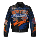New York Knicks 2026 NBA Finals Champions JH Design Limited-Edition Swarovski Crystal Leather Jacket - Navy/Orange
