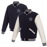 Dallas Cowboys Reversible Fleece Jacket with Faux Leather Sleeves - Navy/White