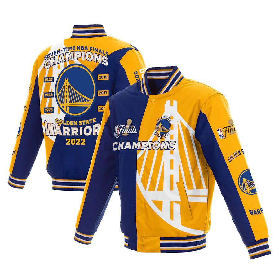 Golden State Warriors 7 Time NBA Finals Champions Varsity Full Snap Jacket Royal Yellow J.H. Sports Jackets