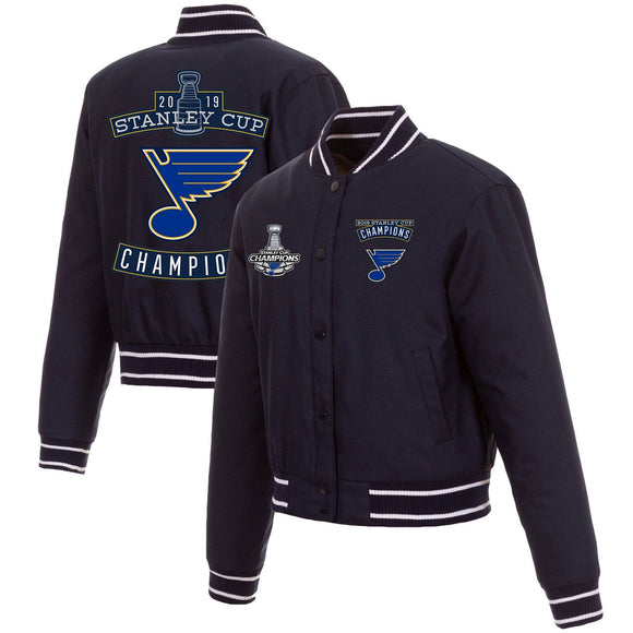 St. Louis Blues JH Design Women's 2019 Stanley Cup Champions Poly-Twill Jacket with Quilted Knit - Navy