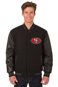 San Francisco 49ers Wool & Leather Reversible Jacket w/ Embroidered Logos - Black - J.H. Sports Jackets