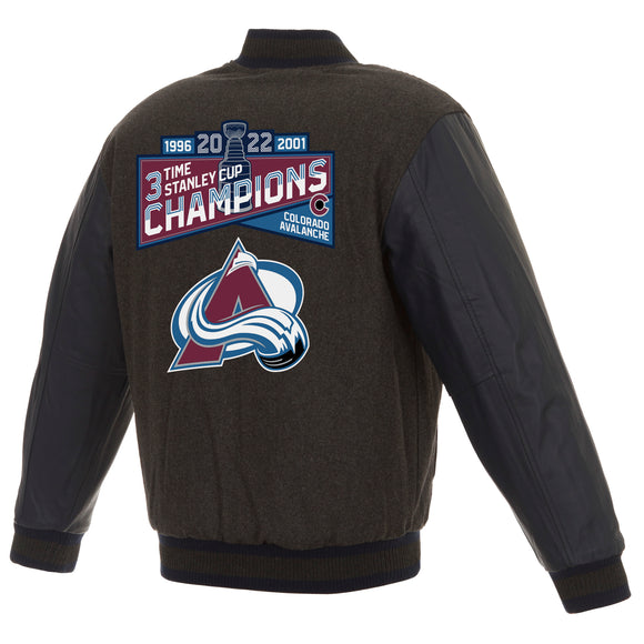 Colorado Avalanche 3-Time Stanley Cup Champions Reversible Wool and Leather Full-Snap Jacket - Charcoal/Navy - J.H. Sports Jackets