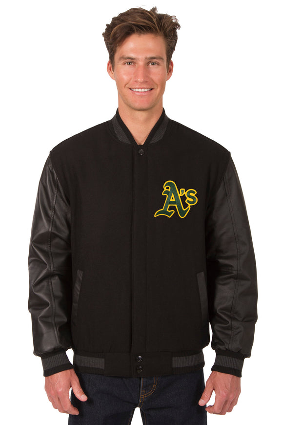 Oakland Athletics Wool & Leather Reversible Jacket w/ Embroidered Logos - Black - J.H. Sports Jackets