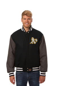 Oakland Athletics Two-Tone Wool Jacket w/ Handcrafted Leather Logos - Black/Gray - JH Design