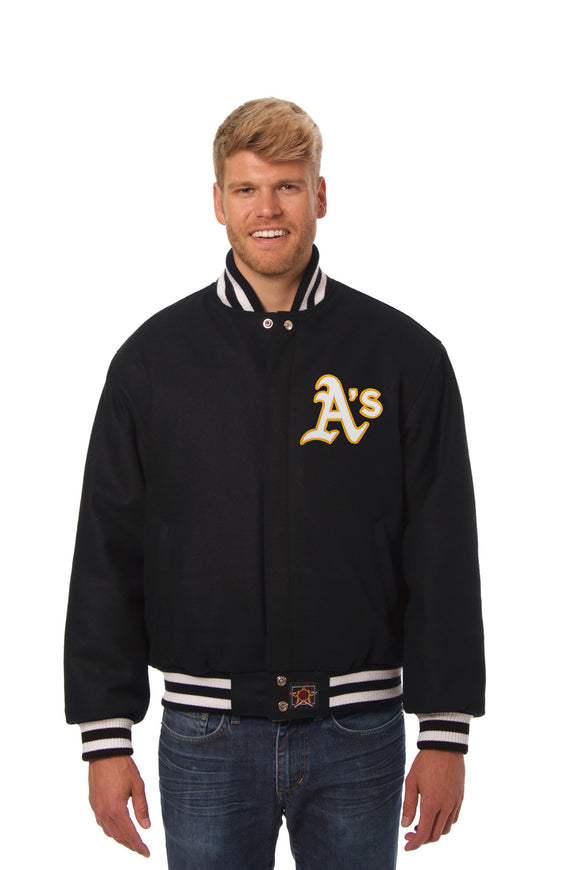 Oakland Athletics Wool Jacket w/ Handcrafted Leather Logos - Black - JH Design