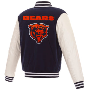Chicago Bears - JH Design Reversible Fleece Jacket with Faux Leather Sleeves - Navy/White - J.H. Sports Jackets