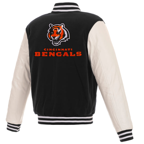 Cincinnati Bengals - JH Design Reversible Fleece Jacket with Faux Leather Sleeves - Black/White - J.H. Sports Jackets