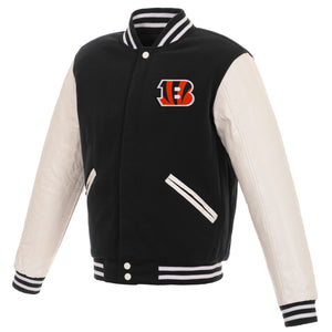 Cincinnati Bengals -JH Design Reversible Fleece Jacket with Faux Leather Sleeves - Black/White - J.H. Sports Jackets
