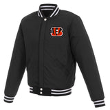 Cincinnati Bengals - JH Design Reversible Fleece Jacket with Faux Leather Sleeves - Black/White - J.H. Sports Jackets