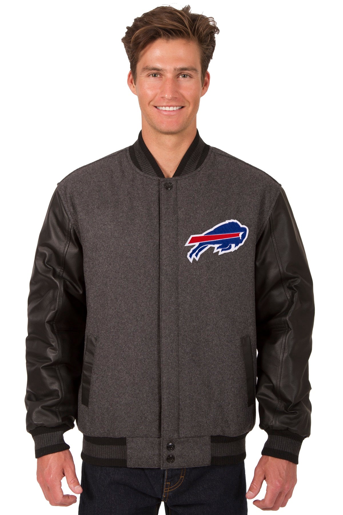 Men's JH Design Charcoal Buffalo Bills Wool & Leather Reversible Jacket with Embroidered Logos Size: Small