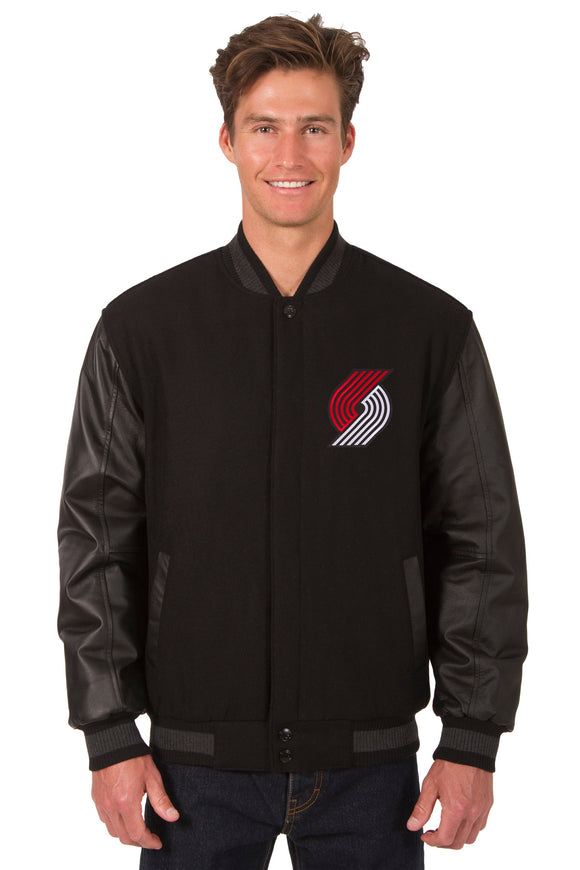Portland Trailblazers Wool & Leather Reversible Jacket w/ Embroidered Logos - Black - J.H. Sports Jackets