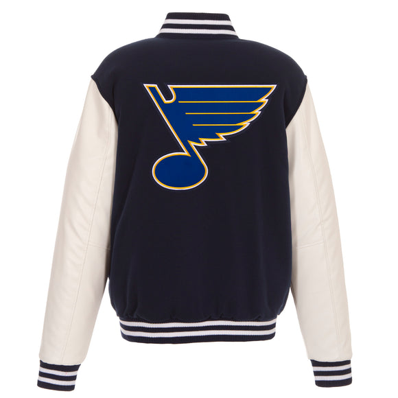 St. Louis Blues - JH Design Reversible Fleece Jacket with Faux Leather Sleeves - Navy/White - J.H. Sports Jackets