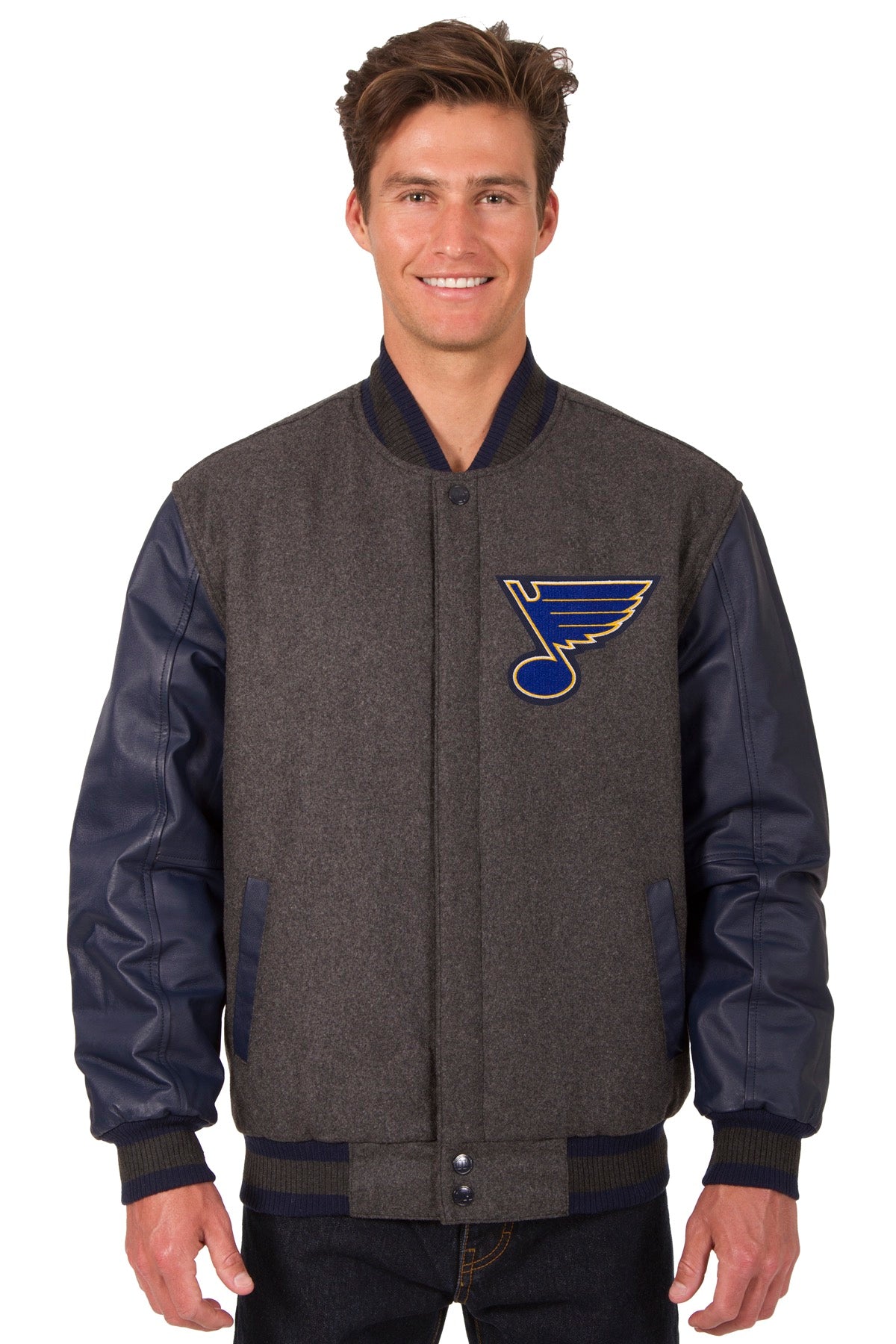St. Louis Blues JH Design Embroidered Reversible Full Snap Fleece Jacket-  Gray/Navy