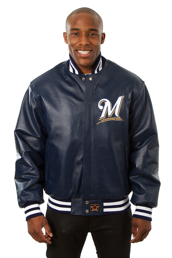 Milwaukee Brewers Full Leather Jacket - Navy - JH Design