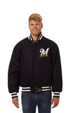 Milwaukee Brewers Wool Jacket w/ Handcrafted Leather Logos - Navy - JH Design