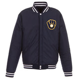 Milwaukee Brewers - JH Design Reversible Fleece Jacket with Faux Leather Sleeves - Navy/White - JH Design