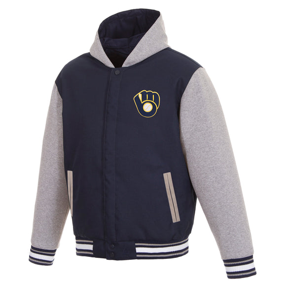 Milwaukee Brewers Two-Tone Reversible Fleece Hooded Jacket - Navy/Grey - JH Design