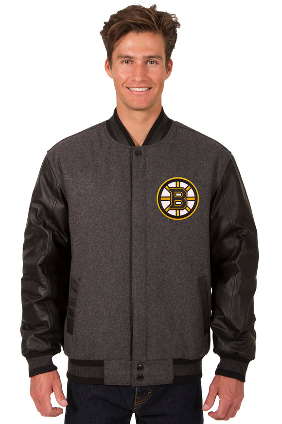 Boston Bruins Wool & Leather Reversible Jacket w/ Embroidered Logos - Charcoal/Black - J.H. Sports Jackets