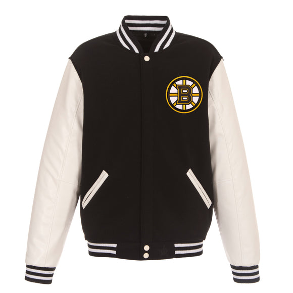 Boston Bruins JH Design Reversible Fleece Jacket with Faux Leather Sleeves - Black/White - JH Design