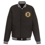Boston Bruins JH Design Reversible Fleece Jacket with Faux Leather Sleeves - Black/White - JH Design