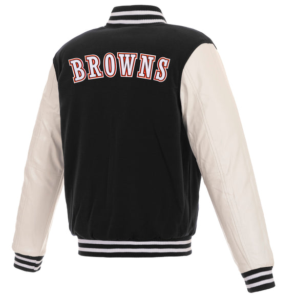 Cleveland Browns - JH Design Reversible Fleece Jacket with Faux Leather Sleeves - Black/White - J.H. Sports Jackets