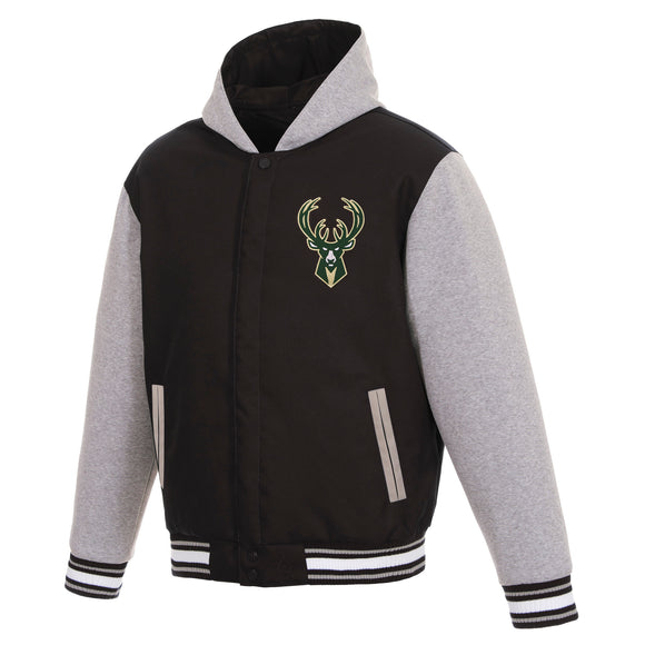 Milwaukee Bucks Two-Tone Reversible Fleece Hooded Jacket - Black/Grey - JH Design