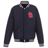St. Louis Cardinals - JH Design Reversible Fleece Jacket with Faux Leather Sleeves - Navy/White - J.H. Sports Jackets