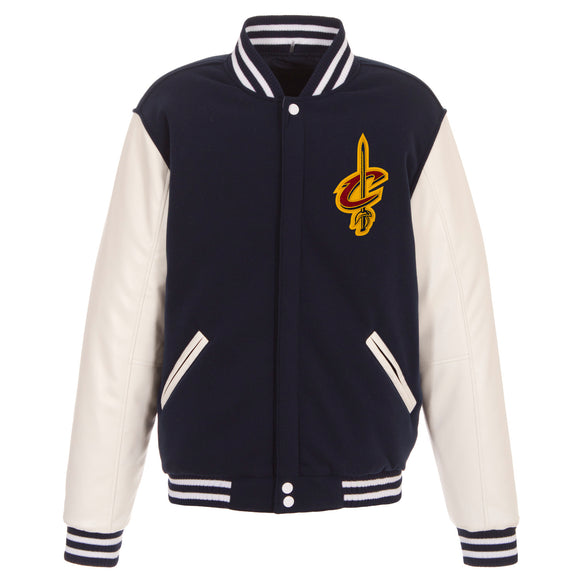 Cleveland Cavaliers - JH Design Reversible Fleece Jacket with Faux Leather Sleeves -Navy/White - JH Design