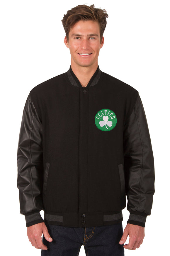 Boston Celtics Wool & Leather Reversible Jacket w/ Embroidered Logos - Black - J.H. Sports Jackets