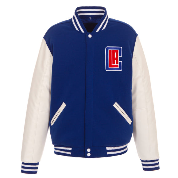 Los Angeles Clippers - JH Design Reversible Fleece Jacket with Faux Leather Sleeves - Royal/White - JH Design