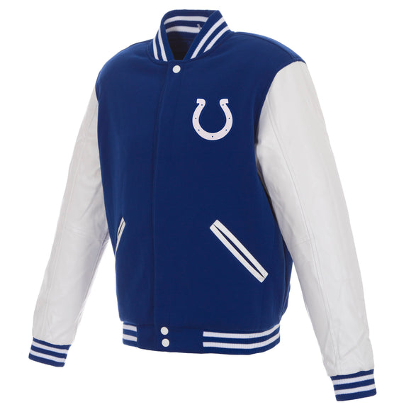 Indianapolis Colts - JH Design Reversible Fleece Jacket with Faux Leather Sleeves - Royal/White - J.H. Sports Jackets
