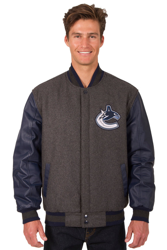 Vancouver Canucks Wool & Leather Reversible Jacket w/ Embroidered Logos - Charcoal/Navy - J.H. Sports Jackets