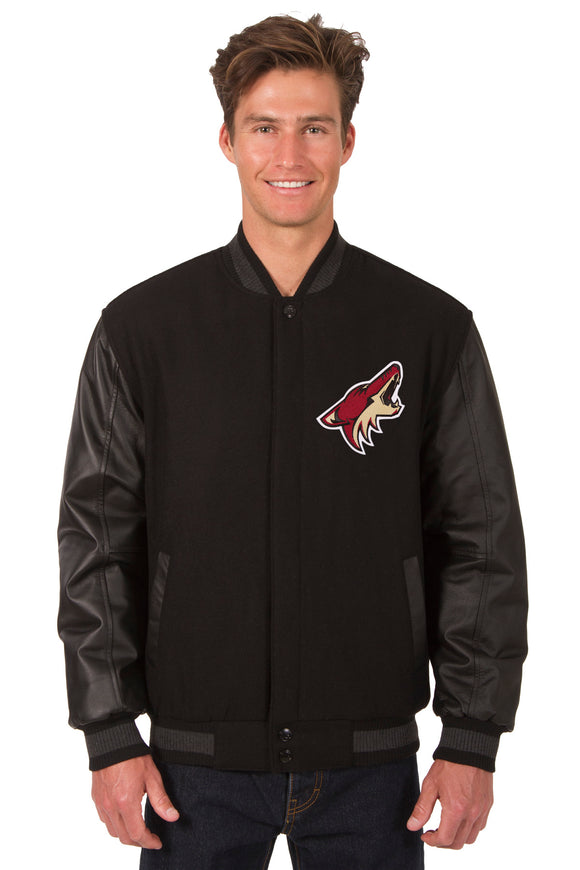 Arizona Coyotes Wool & Leather Reversible Jacket w/ Embroidered Logos - Black - J.H. Sports Jackets