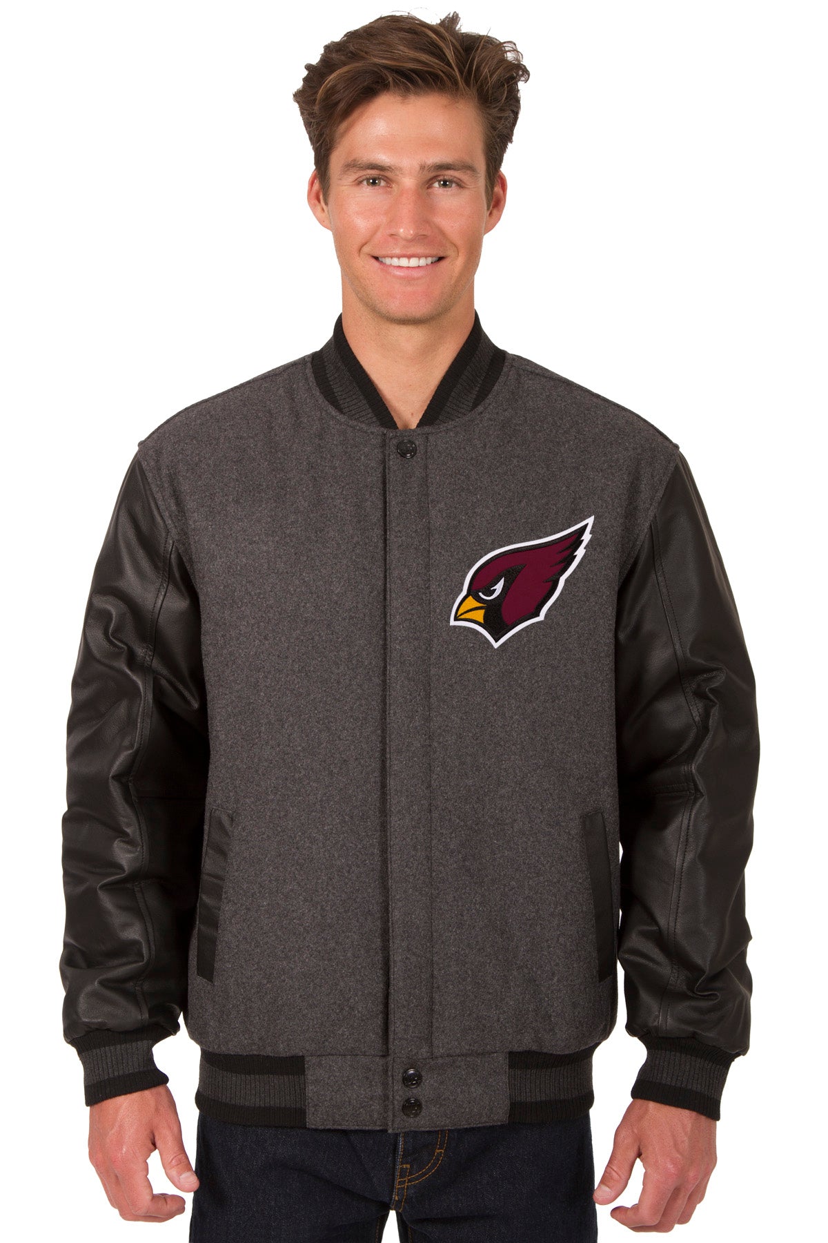 Arizona Cardinals Wool & Leather Reversible Jacket w/ Embroidered Logos - Charcoal/Black 3X-Large