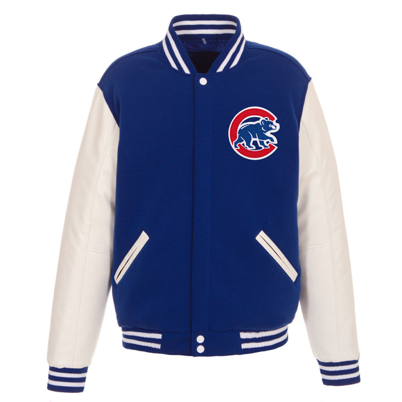 Chicago Cubs - JH Design Reversible Fleece Jacket with Faux Leather Sleeves - Royal/White - JH Design