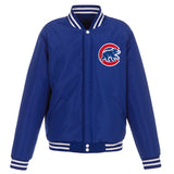 Chicago Cubs - JH Design Reversible Fleece Jacket with Faux Leather Sleeves - Royal/White - JH Design