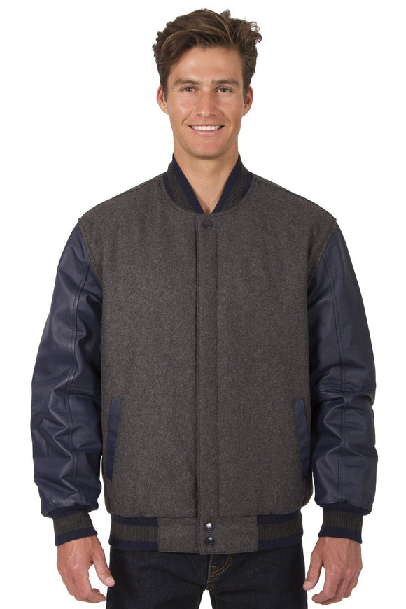 JH Design - Wool and Leather Varsity Jacket - Reversible - Charcoal/Navy - JH Design