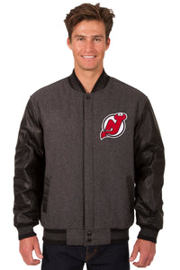 New Jersey Devils Wool & Leather Reversible Jacket w/ Embroidered Logos - Charcoal/Black - J.H. Sports Jackets