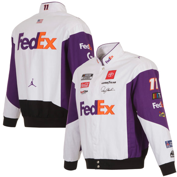 2023 Denny Hamlin JH Design White FedEx Uniform Full-Snap Jacket - J.H. Sports Jackets