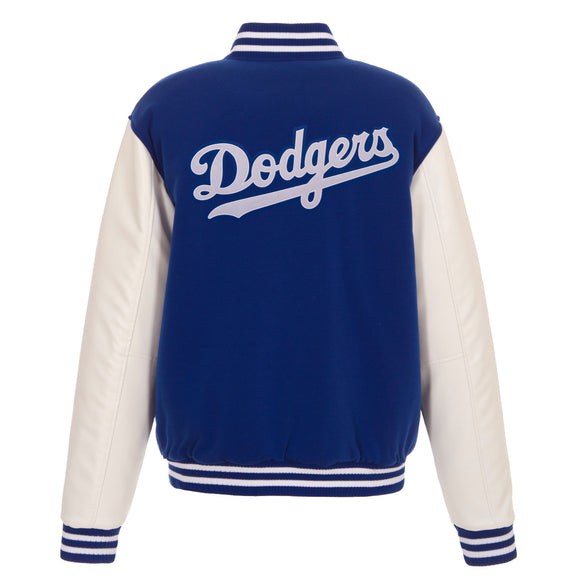 Los Angeles Dodgers - JH Design Reversible Fleece Jacket with Faux Leather Sleeves - Royal/White - J.H. Sports Jackets