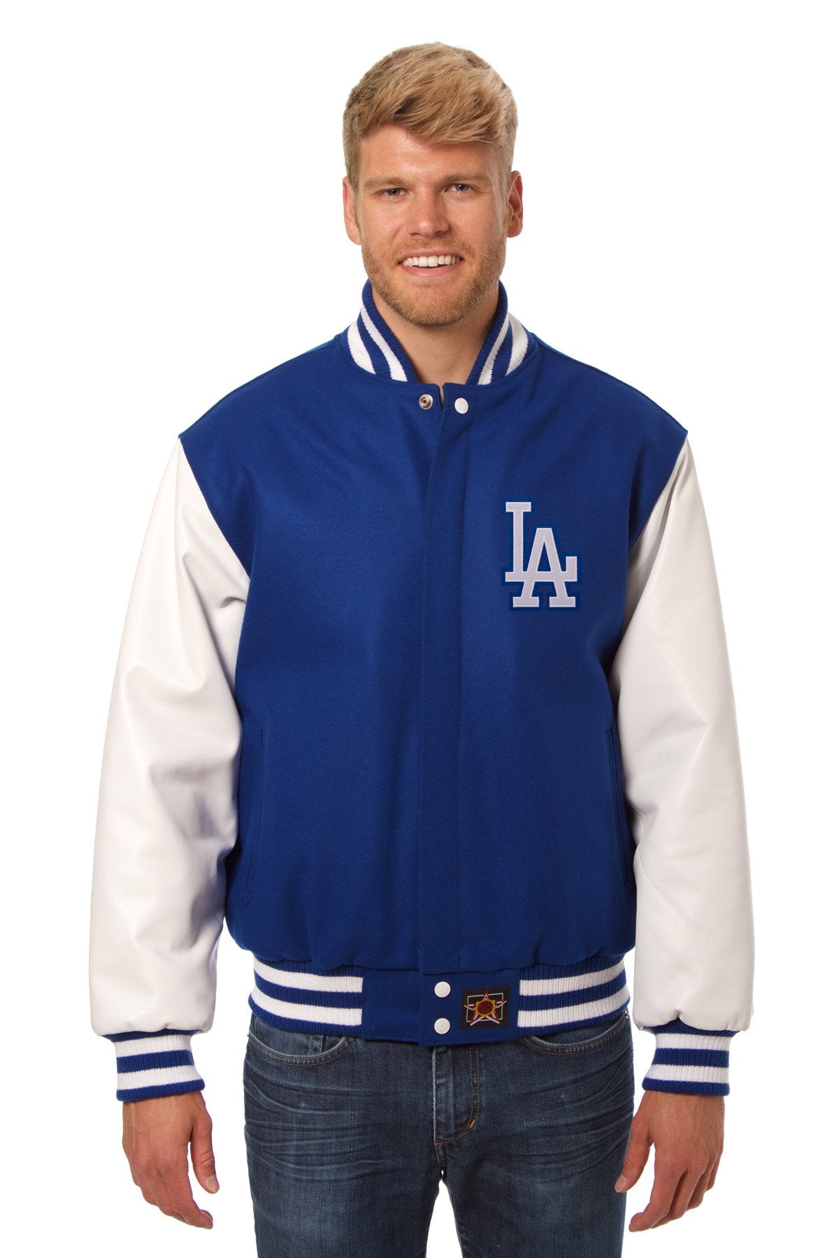 Los Angeles Dodgers Two-Tone Wool Jacket w/ Handcrafted Leather Logos - Royal/White X-Large