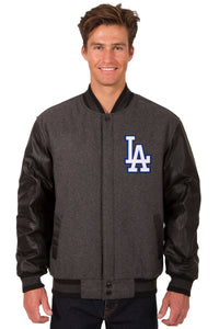 Los Angeles Dodgers Wool & Leather Reversible Jacket w/ Embroidered Logos - Charcoal/Black - J.H. Sports Jackets