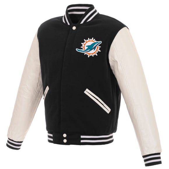 Miami Dolphins - JH Design Reversible Fleece Jacket with Faux Leather Sleeves - Black/White - J.H. Sports Jackets