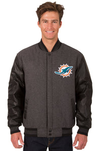 Miami Dolphins Wool & Leather Reversible Jacket w/ Embroidered Logos - Charcoal/Black - J.H. Sports Jackets