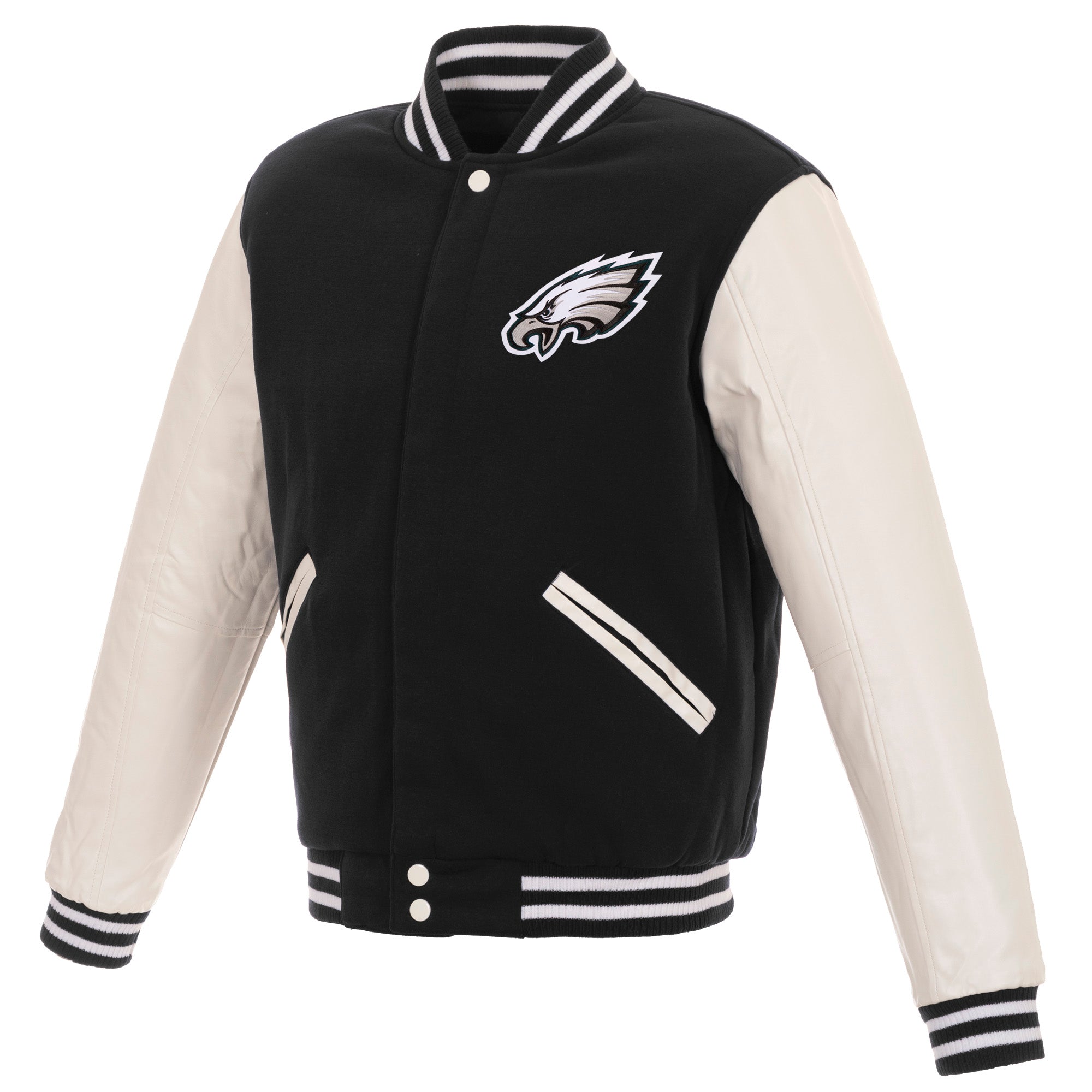 Philadelphia Eagles - JH Design Reversible Fleece Jacket with Faux Leather Sleeves - Black/White Medium