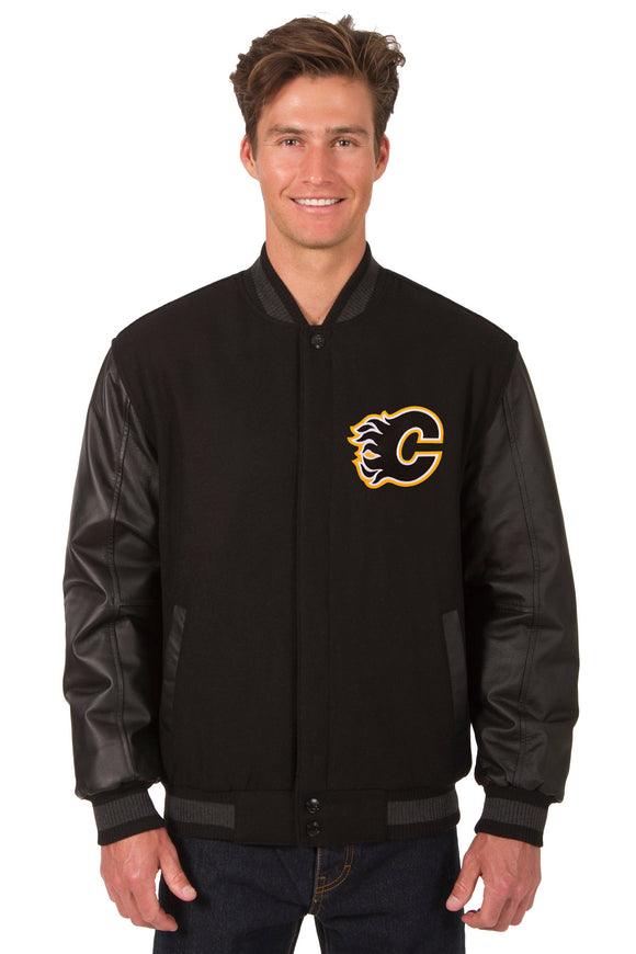 Calgary Flames Wool & Leather Reversible Jacket w/ Embroidered Logos - Black - J.H. Sports Jackets
