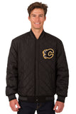 Calgary Flames Wool & Leather Reversible Jacket w/ Embroidered Logos - Black - J.H. Sports Jackets